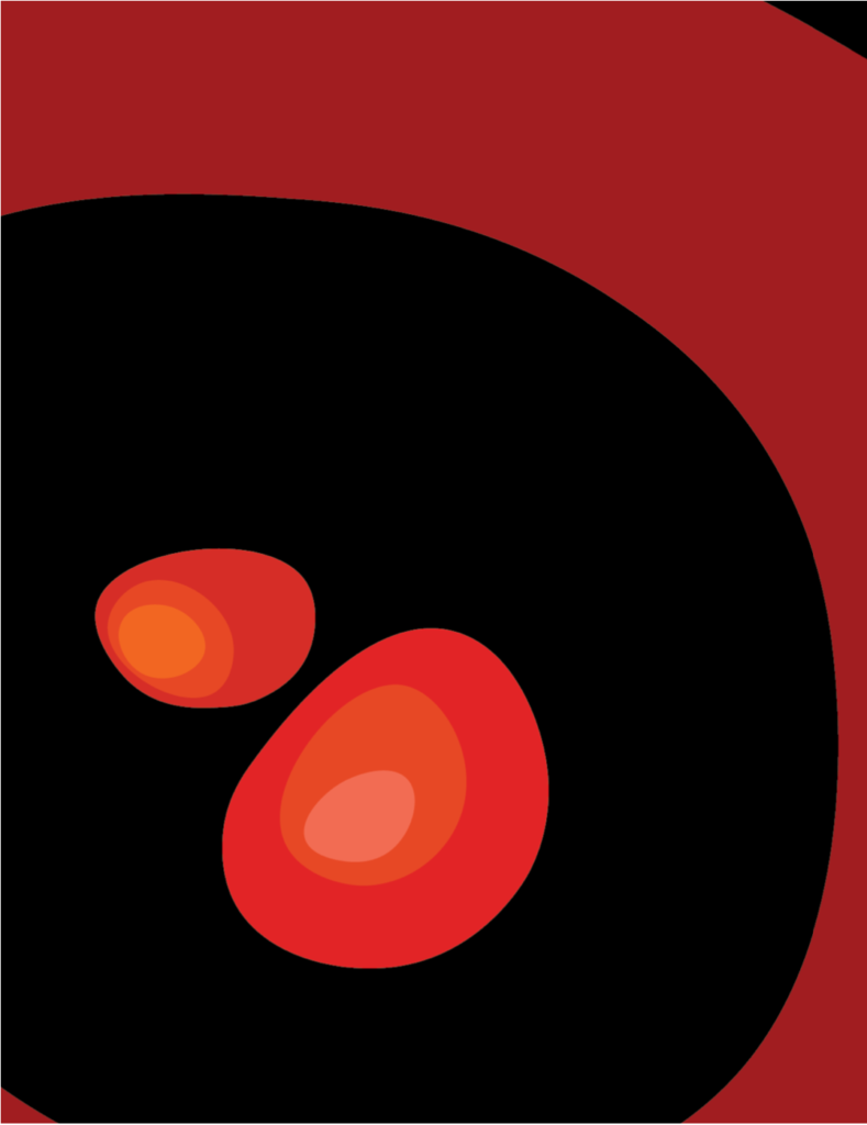 Black page with red circular shapes overlaid.