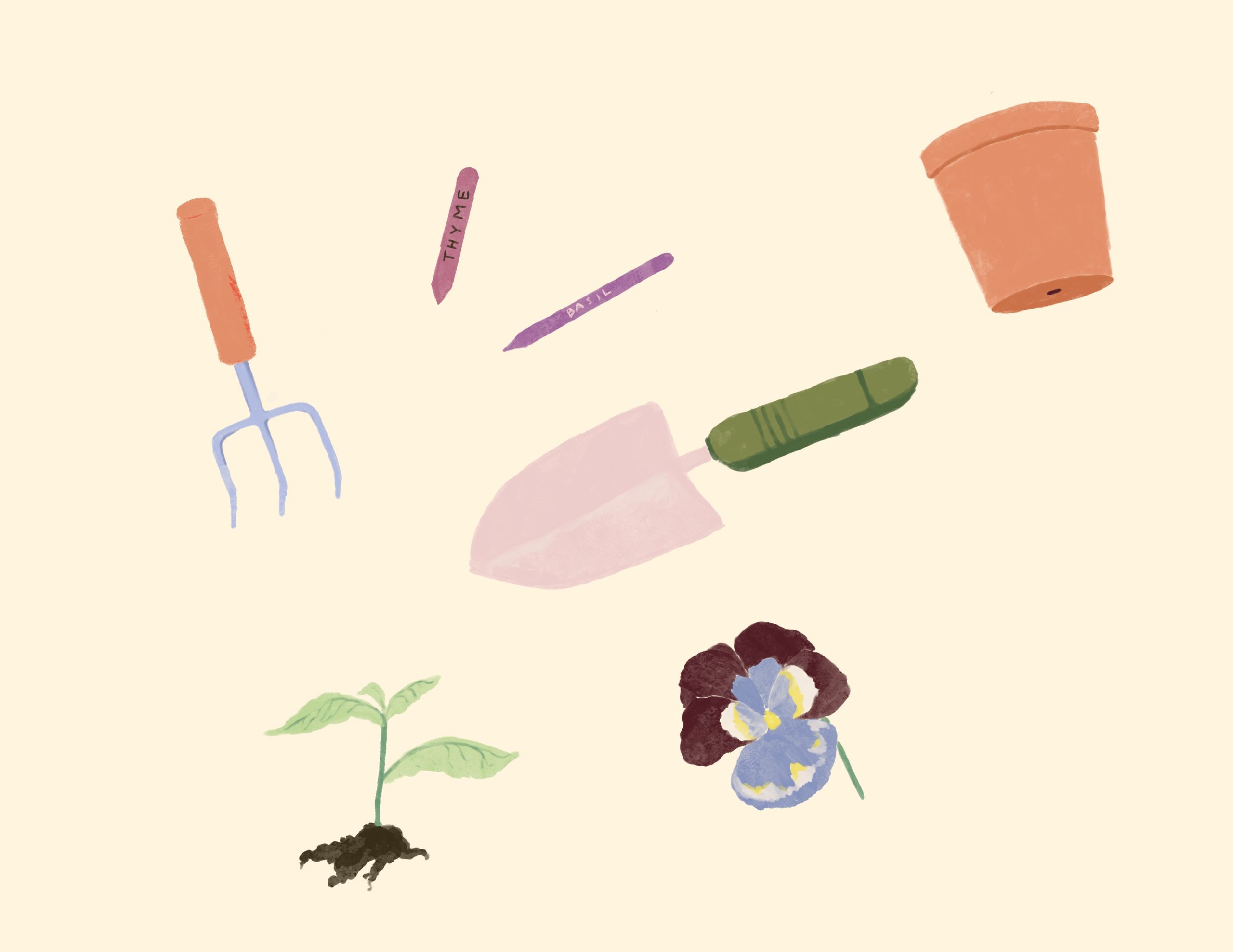 Drawing of Gardening tools, including shovel, hand rake, flower pot, garden markers, and a pansy flower