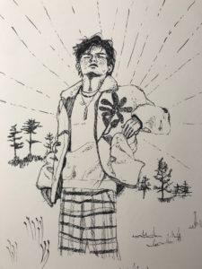 Somewhat abstract pen drawing of a man in a fluffy jacket with one hand in front of himself