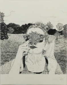 pen drawing of woman in sunglasses holding a flower in front of her face, standing in front of a field