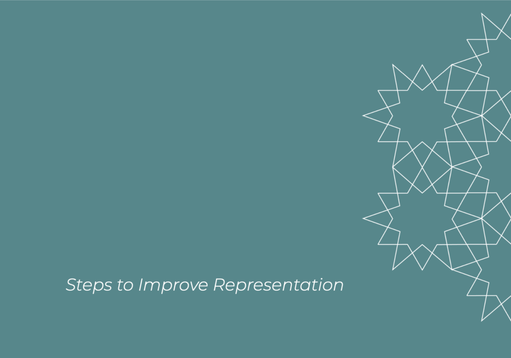 A pattern of hexagons and quadrilaterals in white on a teal background, with the title to the left reading "steps to improve representation".